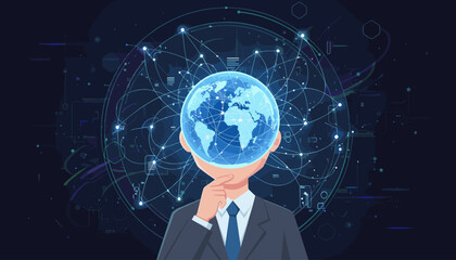 Businessman head visualizing global network connection. Metaphor for globalization, technology, communication, international business, ai, big data, strategy, and future innovation.