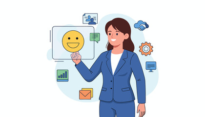 Businesswoman touching happy smile icon on a virtual screen. Concept of customer satisfaction, positive feedback, service rating, and user experience evaluation. Client vote.