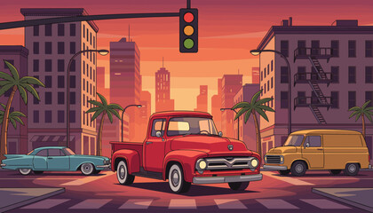 Classic red retro pickup truck on a city street at sunset. Vintage car at a traffic light in an urban downtown setting with palm trees. Old american automobile vector illustration.