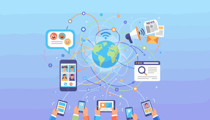 Global communication via internet technology. Worldwide network connection. Social media, online news, video call. People using mobile devices for data sharing and connectivity.