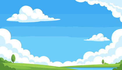 Clear blue sky with puffy white clouds. Serene cartoon landscape background. Summer day with green field, trees, and lake. Vector illustration for nature and ecology concept.