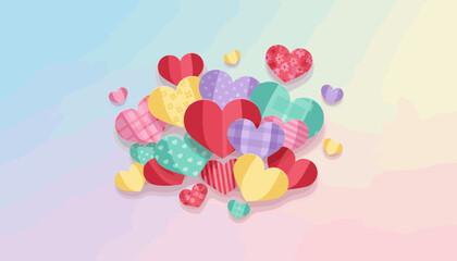 Colorful paper hearts with patterns on a pastel gradient background. Vector illustration for Valentine's Day, Mother's Day, love, romance, wedding, or a greeting card design.