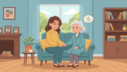 Daughter caring for senior mother with Alzheimer's disease. Concept for dementia, memory loss, neurology, mental health, caregiving, family support, and empathy.