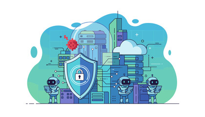 Cybersecurity flat vector illustration. AI robots protecting data center and cloud servers from virus attack. Network security technology concept with shield and padlock.