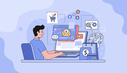 Digital marketing concept. E-commerce online sale. Man at laptop. Social media marketing, email campaign, SEO analysis. Internet shopping, web promotion, online payment.