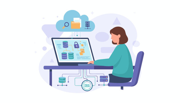 Database administrator managing data system and network security. DBA at work with laptop, cloud storage. Concept of big data processing, server administration, protection.