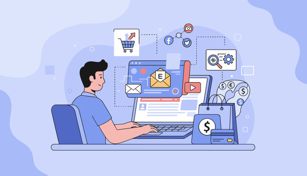 Digital marketing concept. E-commerce online sale. Man at laptop. Social media marketing, email campaign, SEO analysis. Internet shopping, web promotion, online payment.