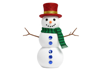 Isolated snowman figure wearing a red hat and green scarf, festive winter decoration