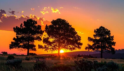 Silhouetted trees against vibrant sunset create stunning contrast