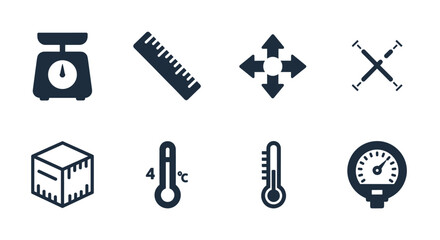 Logistics and shipping icon set. Vector symbols for package handling and measurement. Includes weight scale, ruler for dimensions, temperature control, and pressure gauge icons.