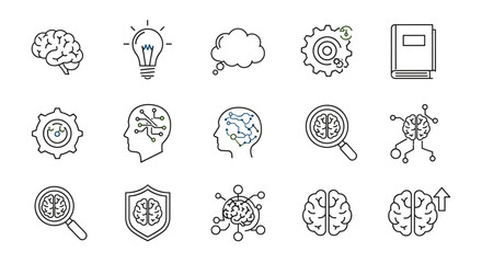 Artificial intelligence line icon set. Concepts of machine learning, brain process, idea, psychology, neuroscience. Human mind, neural network, deep learning vector icons.