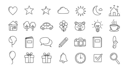 Set of universal thin line icons. Hand-drawn doodle pictogram collection for web design, mobile app, and infographics. Includes heart, star, house, car, flower, and book symbols.