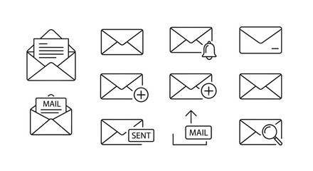 Mail and envelope line icon set. Email communication concept. Includes new message, open letter, sent mail, inbox notification, search, and add symbols. For UI and web design.