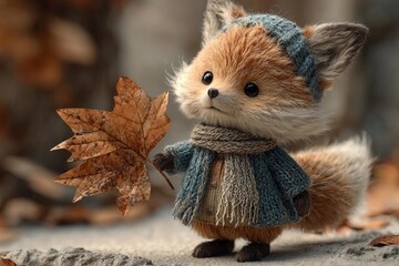 Fototapeta premium Charming Fox Wearing Cozy Clothes Holding an Autumn Leaf in a Forest Scene Generative AI