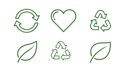 Eco friendly icon set. Green recycle and ecology symbols. Love nature concept with heart, leaf, and arrow icons. Sustainable living and environmental protection vector line art.