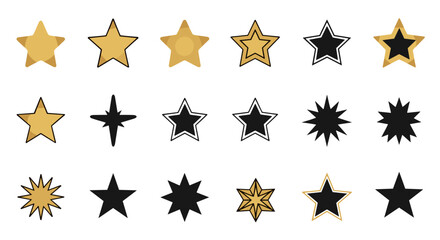 Set of gold and black star icons. Vector collection of various star shapes for rating, award, or decoration. Golden favorite symbol, sparkle, and twinkle element design.