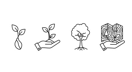 Plant growth stages line icon set from seed and sprout to big tree. Reforestation, sustainable forestry, and wood industry concept. Ecology, environment, and nature care.