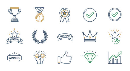 Award and achievement line icons. Includes trophy, medal, success, quality, winner, victory, champion, prize, check mark, thumbs up, diamond, crown, and business growth symbols.