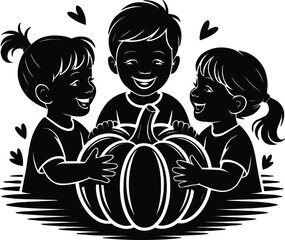 Happy thanksgiving kids holding pumpkin celebration silhouette vector illustration,generative ai