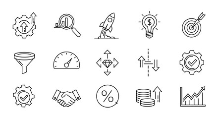 Startup and business development thin line icon set. Data analysis, financial investment, sales funnel, and target achievement. Efficiency, quality control, and growth.