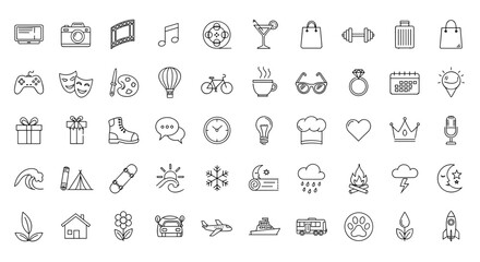 Big vector linear icons set. Universal outline symbols for web and mobile. Hobbies, travel, food, weather, technology, and lifestyle concepts. Thin line pictograms.