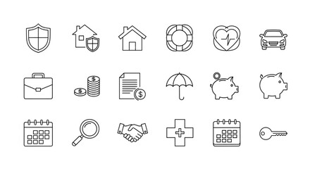 Insurance line icon set. Car, life, health, and home insurance symbols. Financial security, safety, protection concept. Business, money saving, contract, and investment icons.