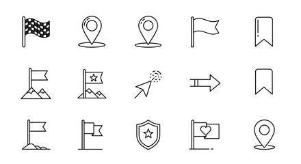 Goal and achievement thin line icon set. Vector symbols for success, milestone, target, and destination. Includes finish flag, mountain peak, map pin, and navigation arrow.