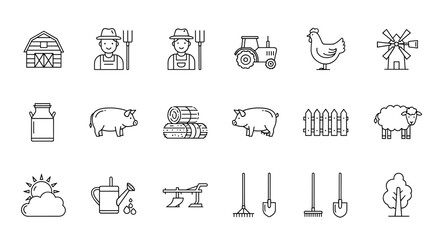 Farming and agriculture line icon set. Vector symbols of rural life. Includes farmer, tractor, barn, windmill, pig, sheep, chicken, plow, and other farm tools and equipment.