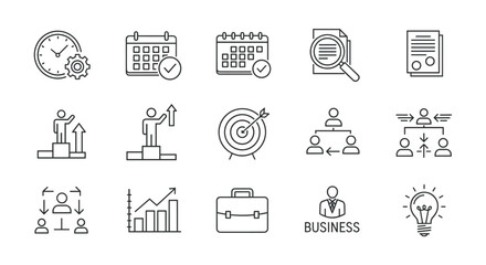 Business icons set with charts, calendar, clock, team hierarchy, briefcase, target, documents, and light bulb symbols for productivity and office success concept