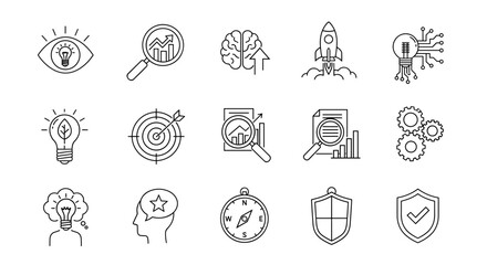 Business innovation and startup concepts icon set. Icons for growth strategy, data analysis, creative idea, project launch, goal achievement, and new technology development.