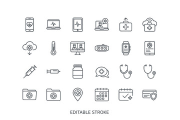 Digital healthcare and telemedicine icon set. Medical technology vector line symbols for online doctor consultation, remote patient monitoring, health data, vaccine, calendar, and medical records.