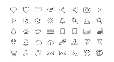 Social media line icon set. Thin linear vector icons for web and mobile app design. UI UX interface elements. Like, comment, share, save, notification bell, and user profile symbol.