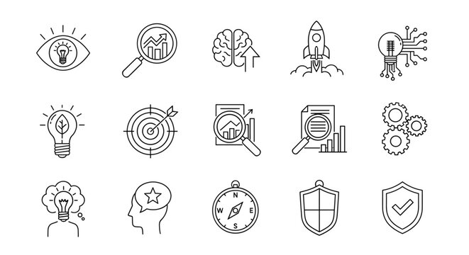 Business innovation and startup concepts icon set. Icons for growth strategy, data analysis, creative idea, project launch, goal achievement, and new technology development.
