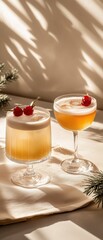 Elegant Yellow Cocktails in Coupe Glasses with Cherries and Warm Shadows