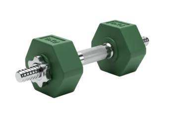 Isolated dumbbell with green weights for strength training and fitness exercises on a clean surface