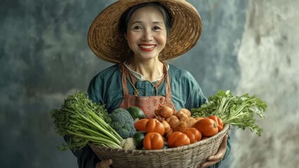Woman smiling while holding a large basket filled with fresh vegetables in a rustic setting under natural light