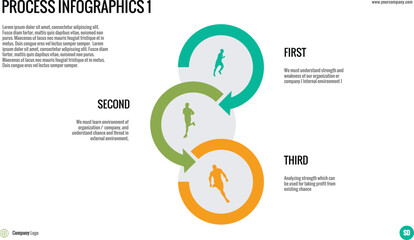 Process infographics 1: a circular flow diagram with running figures, illustrating a three-step process or cycle, perfect for business workflows or strategic planning