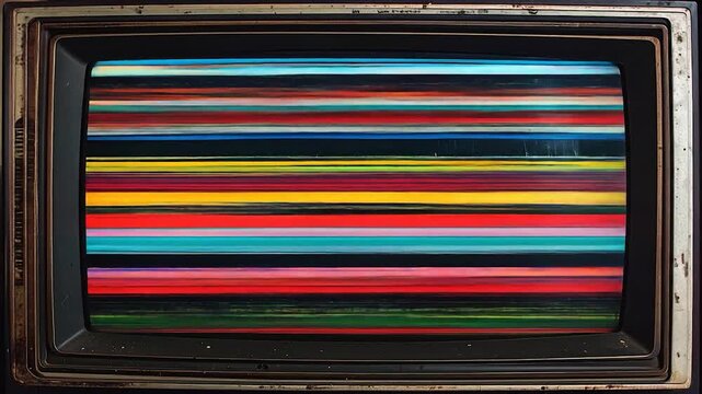 An old, dusty cathode ray tube TV displays horizontal stripes of vibrant, noisy color