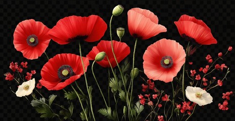 Pressed Red and White Poppies on Transparent Background