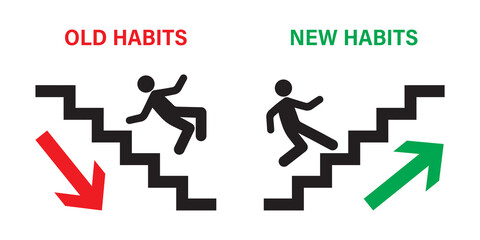 Old habits drag you down and lead to decline and failure. New habits allow you to develop, reach new goals, and achieve victories. Choose a new direction, make choice concept.