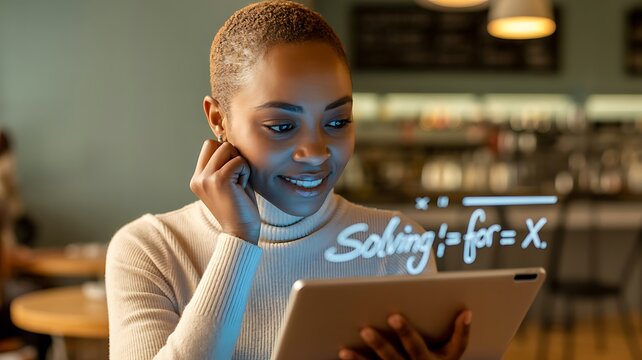 Softly lit cinematic portrait of a young Black woman engaged in e-learning on a tablet, with a holographic "Solving for X" equation, symbolizing the future of education.

