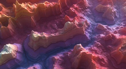 Abstract, colorful layered terrain with varied textures and a gradient color scheme, top-down view