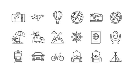 Travel and vacation line icon set. Tourism, journey, adventure, and holiday symbols. Transport icons like plane, car, train, and bicycle. Luggage, backpack, passport, globe.