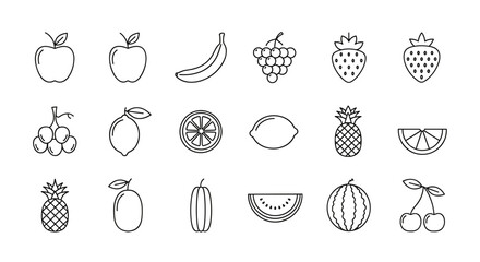 Fruit line icon set. Healthy food symbols. Minimalist pictogram collection for food apps and websites. Apple, banana, grapes, lemon, orange, pineapple, watermelon, cherry.