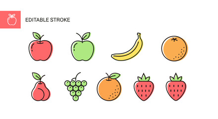 Colorful hand-drawn fruit icons set including red apple, green apple, banana, orange, pear, grapes, and strawberries with editable stroke vector illustrations
