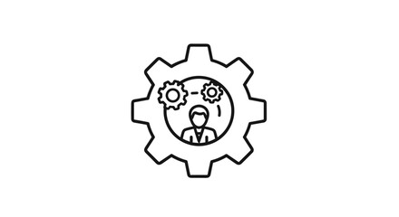 Business management concept icon with person and gear wheels, productivity symbol, teamwork and process optimization line art, vector business development illustration