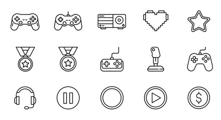 Retro and Modern Video Game Controllers and Gaming Icons Set, Including Joysticks, Headphones, Play Pause Buttons, Medals, Pixel Heart and Star Symbols for Game Design and eSports