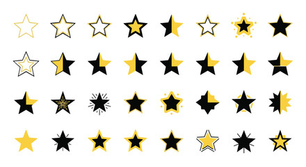 Diverse set of black and gold star icons and shapes, outlined, half-filled, solid, split, glowing, and decorative star illustrations for ratings, awards, and design elements
