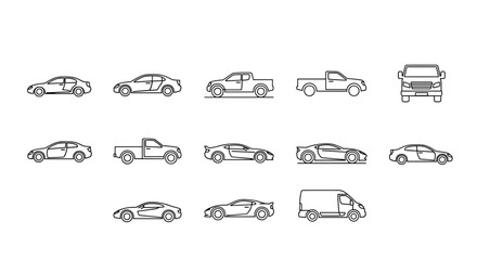 Set of various car and pickup truck outline icons, side and front views, sleek sedan and sports car silhouettes, editable vector line art for transportation design