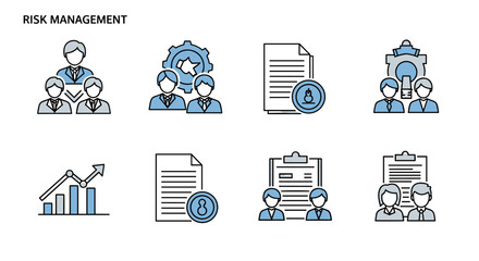 Risk management business concept icon set with team leadership, strategy, document review, process optimization, data growth, and collaboration symbols for corporate planning and analysis